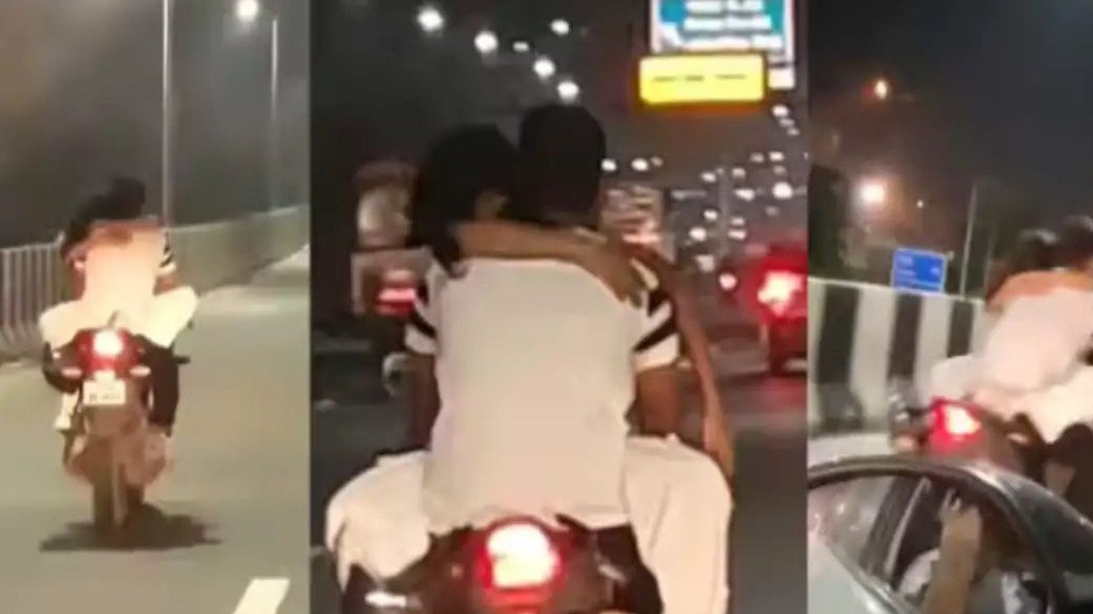नेशनल हाइवे पर चलती बाइक में रोमांस करते नजर आए युवक-युवती, देखिए वायरल वीडियो